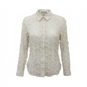 Vintage Anne Fontaine Textured Tie Blouse Size 1 White Button Up Collared